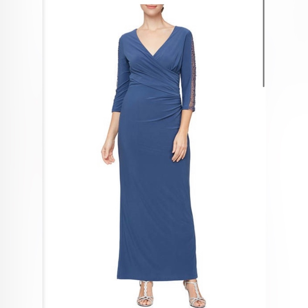 BRAND NEW: SLNY 3/4 Beaded Sleeve Long Evening Dress
